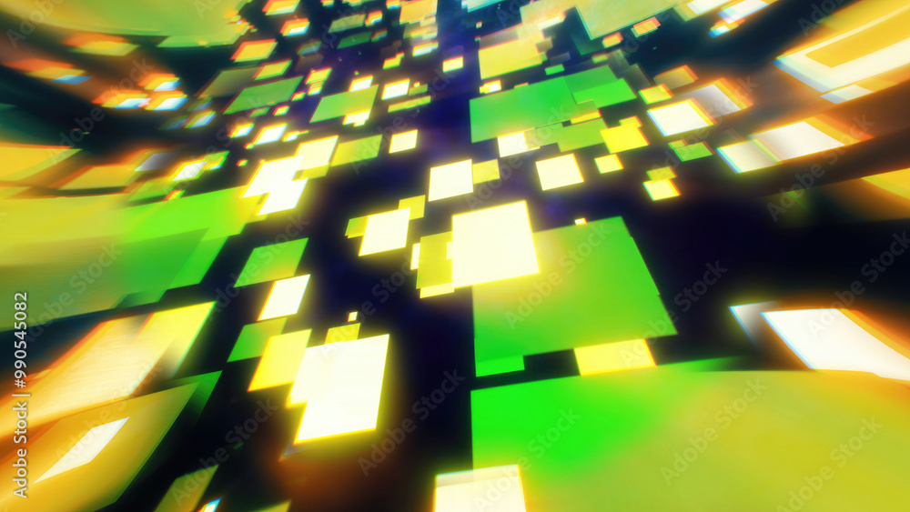 Poster a dynamic glowing green and yellow squares in motion conveying a sense of speed and futuristic techn