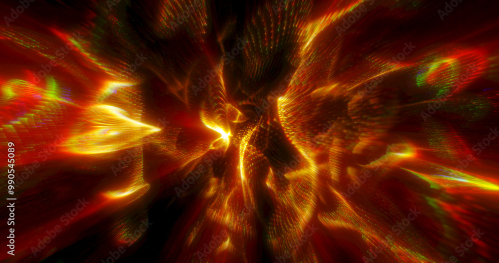 Poster a vibrant explosion of swirling red and gold light patterns, creating a dynamic and fiery abstract b