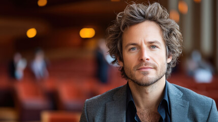 Obraz premium A man with wavy hair wearing a blazer smiles in a theater, surrounded by elegant decor and subtle lighting in the background