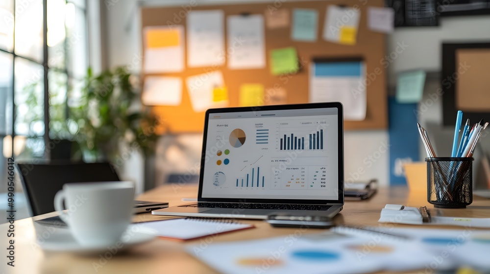 Poster modern workspace with laptop and data visualizations