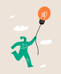 Woman flying with a light bulb. New light bulb idea concept.  Colorful vector illustration