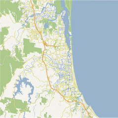 Map of Gold Coast in Australia in a normal road map style. Contains layered vector with roads water, parks, etc.