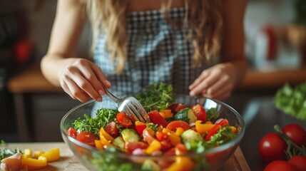 Female cook in apron cutting fresh vegetables