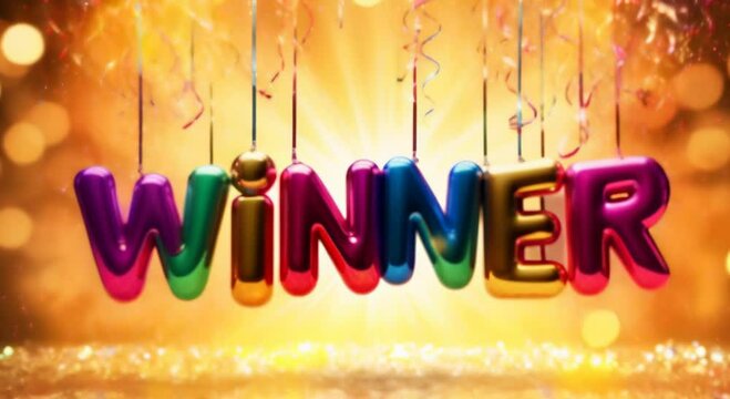 Rainbow Color big volume letters Winner floating over festive blurred bokeh golden background. Concept for success with shiny air balloons