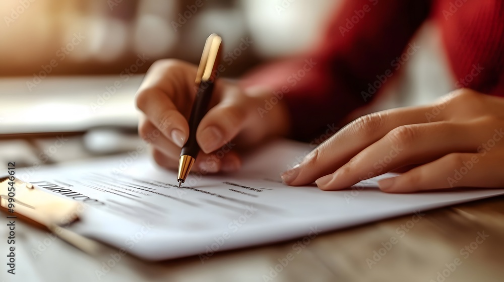 Poster writing with a pen on a document at a table