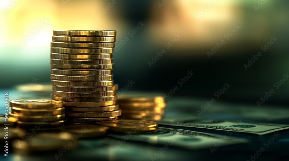Poster stacks of coins resting on a table with banknotes in a dimly lit environment, symbolizing wealth acc
