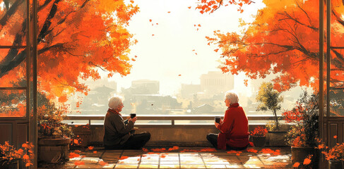 Fototapeta premium Two seniors sit on a balcony savoring warm drinks while surrounded by stunning autumn leaves and a serene urban landscape