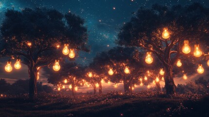 Enchanting Nightscape with Illuminated Trees