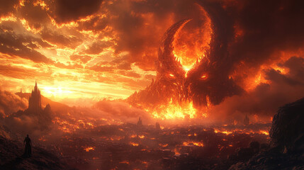 A vast, fiery landscape features a menacing silhouette in the distance, bathed in vibrant colors during an intense sunset