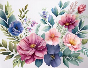 Watercolor floral bouquet isolated on white background, Watercolor flower collection 