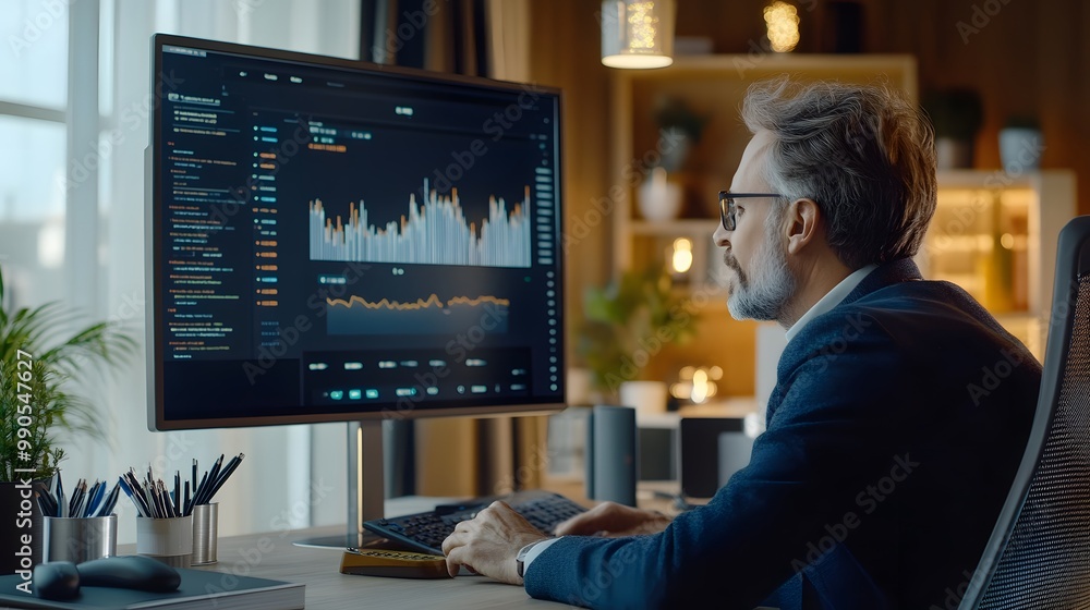 Poster businessman analyzing data on computer screen