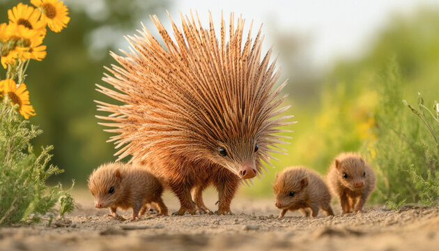 Mother echidna walking with three baby echidnas in the wild