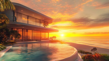 Fototapeta premium Modern house with pool at sunset, with a view of the ocean.