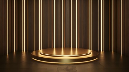 A circular podium with a gold metallic texture, surrounded by golden columns of light shining down