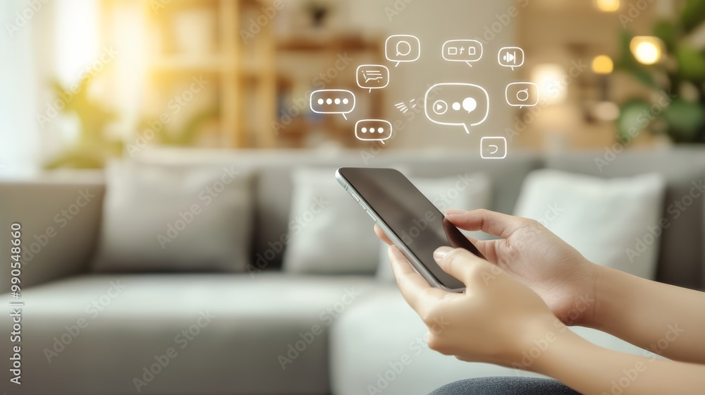 Poster User interacting with social media on a phone displaying various communication icons in a cozy setting.