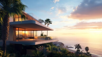 Fototapeta premium Modern house with a balcony overlooking a beach at sunset.