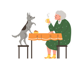 Vector illustration of gray-haired granny sitting at the table drinking tea with her gray dog.