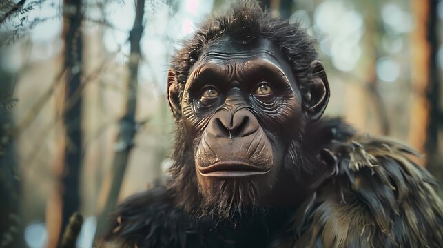 Homo erectus resting in a forest clearing, showcasing expressive eyes and a powerful presence, as morning light enhances the calm atmosphere