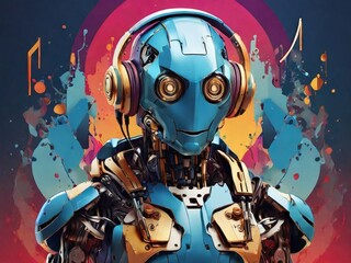 Blue robot listening to music with headphones and colorful background