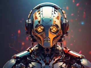 Futuristic robot wearing headphones listening to music