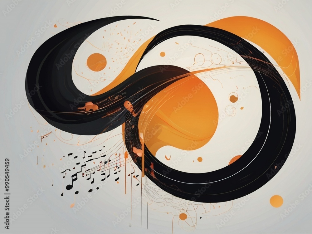 Poster abstract orange and black design with musical notes flowing in a wave pattern