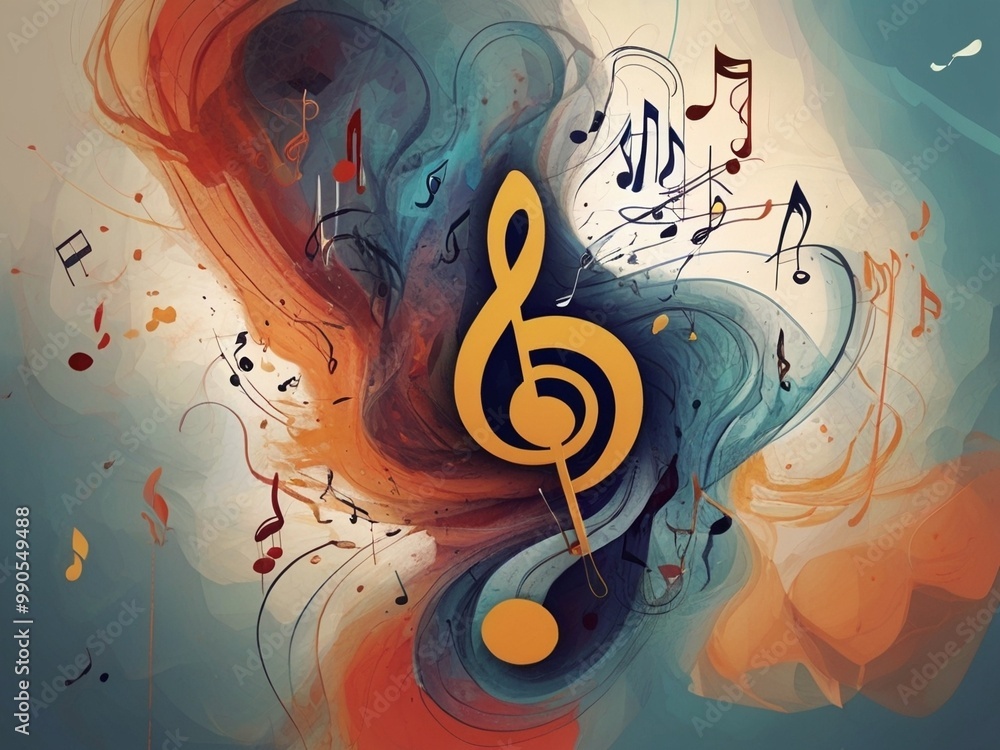 Poster abstract colorful music notes background exploding from treble clef