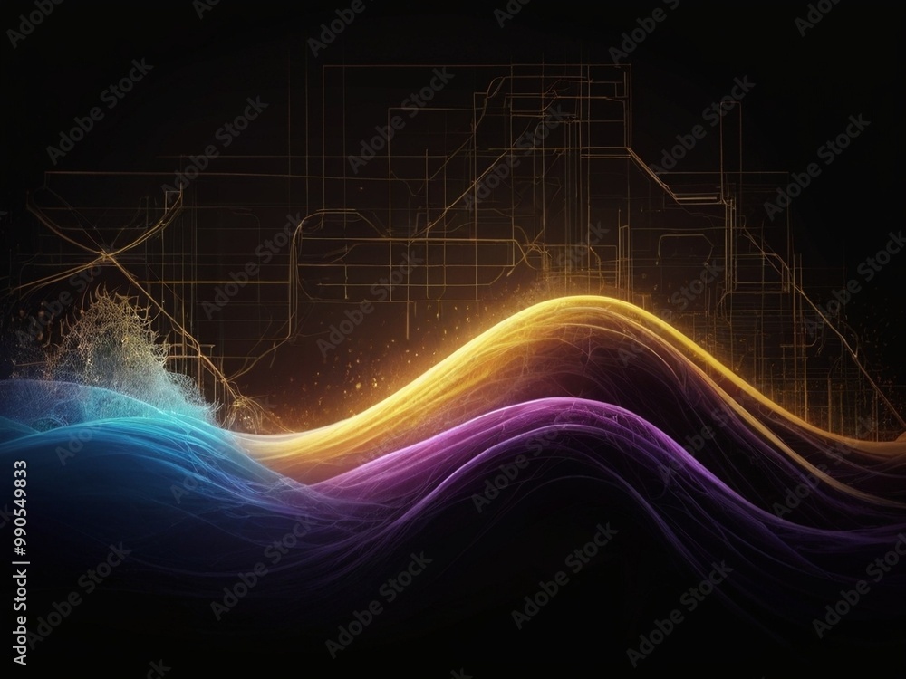 Aufkleber abstract wave pattern forming from digital network on black background
