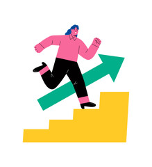 Business woman climbs the stairs. Concept of career growth or path to success. Flat vector illustration isolated on white background