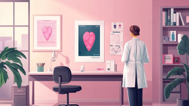 A medical professional examines heart-related posters in a pink-themed office.