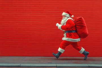 A festive Santa Claus hurries along the sidewalk with a large red sack, set against a vibrant red wall, capturing the holiday spirit
