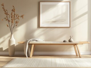 Light wood console table, simple coat rack, neutral decor, minimalist rug