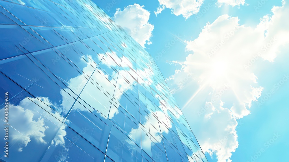 Poster low angle view of a skyscraper with clouds reflecting in the windows on a sunny day.