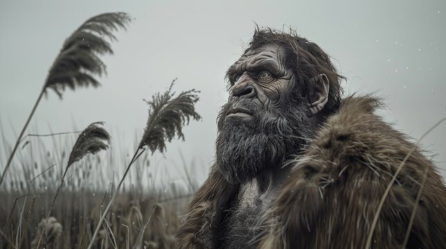 Homo erectus with thick beard and strong features, embodying resilience as he stands amidst tall grasses on a breezy plain under a moody sky