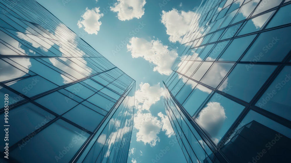 Poster low angle view of a modern glass building with clouds reflected in the windows.