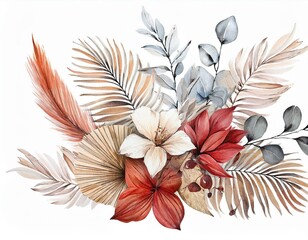 Colorful leaves and protea bouquet arrangement. 