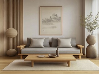 Light wood floor, gray sofa, wooden coffee table, neutral tones