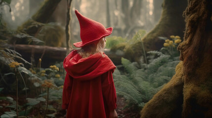 Interpretation of a fairy tale girl in a red hat, the background is an ancient dangerous forest. AI generated.