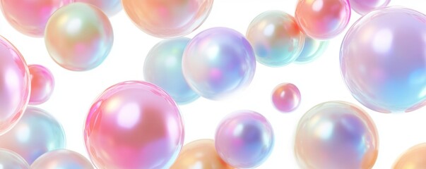 Ethereal Holographic Geometric Spheres Pattern with Floating Orbs in Soft Pastel Tones on White Background