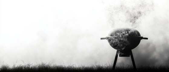 A smoky barbecue grill sits in an open field, ready for a cookout. Perfect for summer gatherings and outdoor cooking themes.