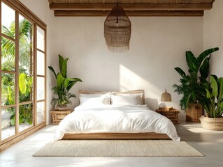 White Bali bedroom with open windows, natural linen bedding, wooden beams, tropical greenery, peaceful morning light © niti
