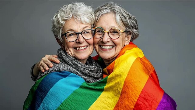 an elderly lesbian couple wearing glasses, embracing each other and covered by a gay pride flag