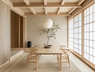 Light wood table, minimalist chairs, simple pendant light, neutral tones, Japanese rug