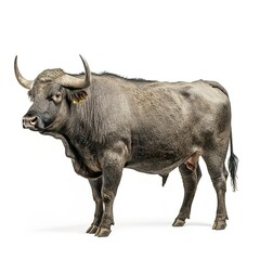 Male grey giant ox, castrated bull used as draft animal isolated on white background side view 