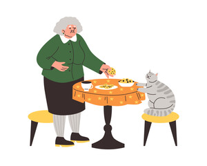 Illustration of gray-haired granny at the round table offering cookies to her gray cat.