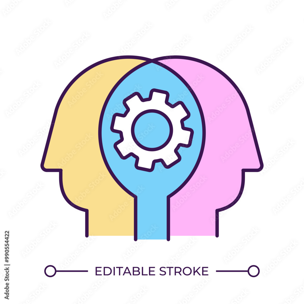 Poster collaboration rgb color icon. teamwork concept. problem solving. two human heads and gear icon. shar