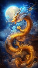 Obraz premium Fierce Chinese dragon entwined around a pagoda during a full moon