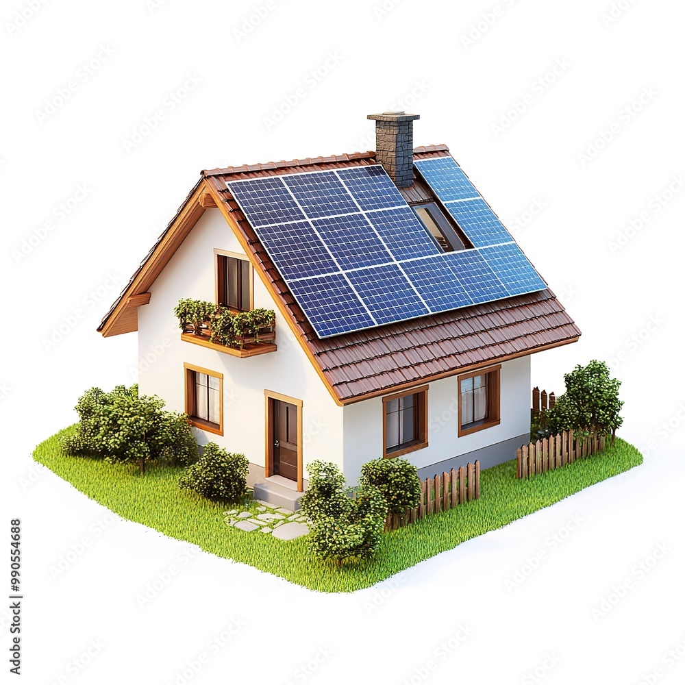 Poster isometric view small house model with solar panels isolated on white background 