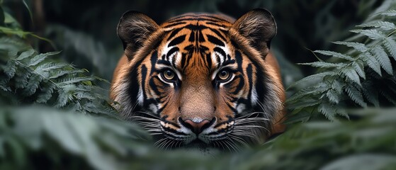 Bengal tiger stealthily emerges from dense green foliage, eyes focused ahead