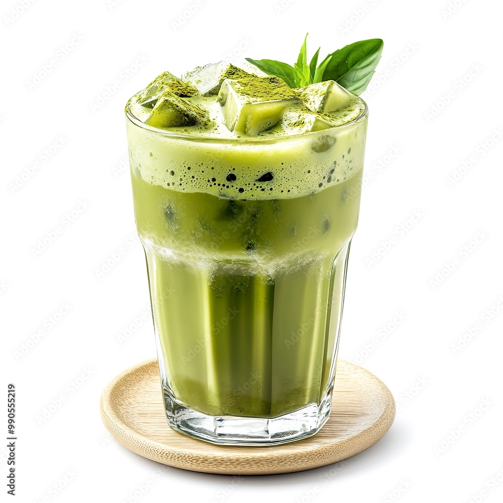 Poster iced matcha green tea with milk on glass isolated on white background 