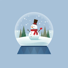 Vector illustration of a snow globe with a snow man inside.